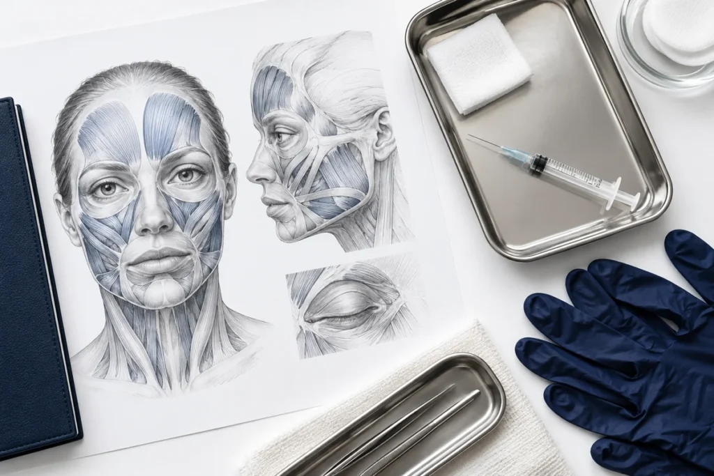 Illustrative image: Facial anatomy study materials with a sterile syringe and navy gloves