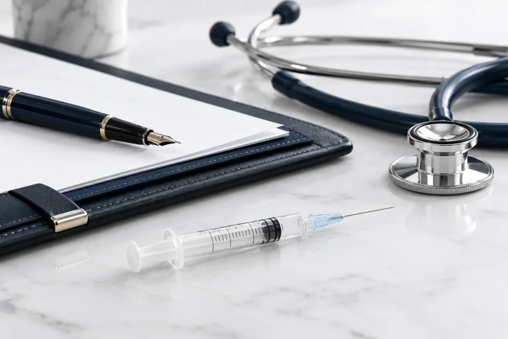 Illustrative image: Clinical credentials folder with a syringe and stethoscope