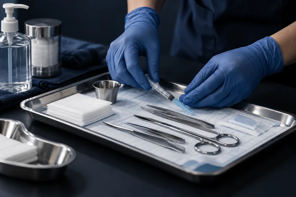 Illustrative image: Gloved hands preparing a sterile treatment tray
