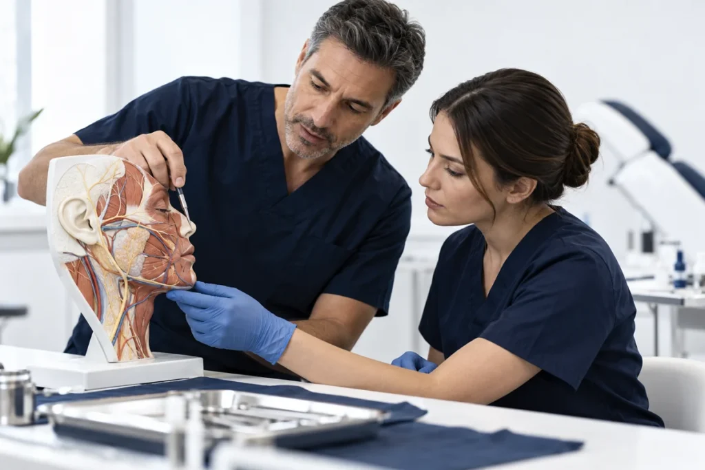 Illustrative image: Instructor mentoring a trainee with a facial anatomy model