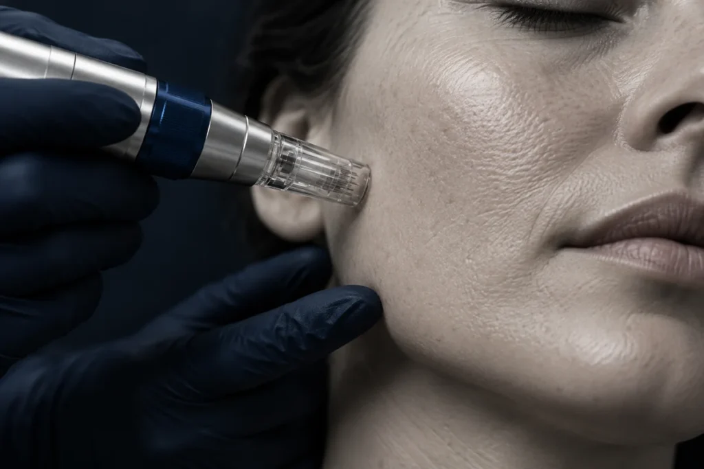 Illustrative image: Microneedling pen near skin with natural texture