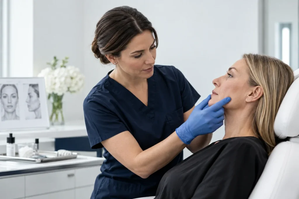 Illustrative image: Nurse assessing a patient's facial anatomy