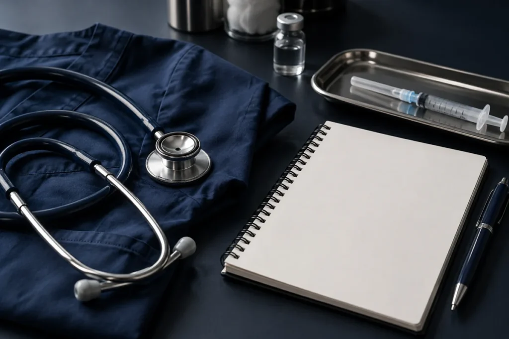Illustrative image: Stethoscope and clinical study materials on navy fabric