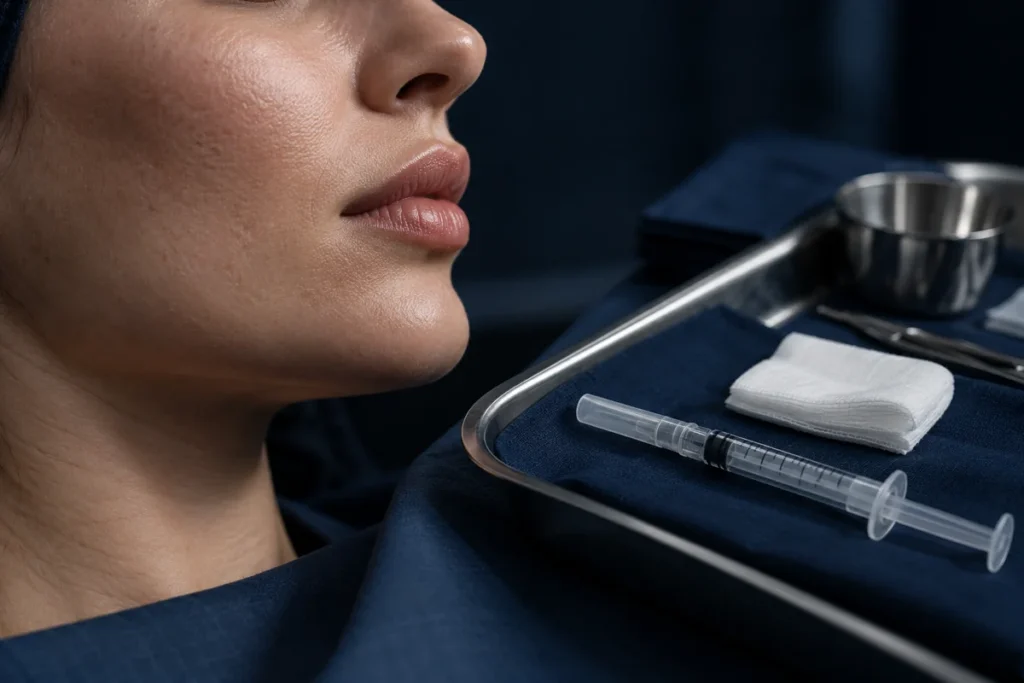Illustrative image: Facial profile beside cosmetic injection course equipment