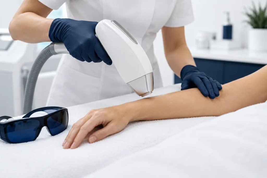 Illustrative image: Laser hair removal handpiece near a forearm